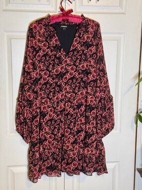 EXPRESS XL  Black Mini Dress Black Rose Pink Floral Print Chiffon Flowy Flirty
